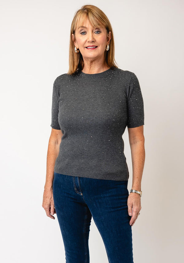 Round Neck Knitted Diamante T-Shirt